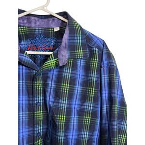 Robert Graham Shirt Mens 1XLT Blue Green Plaid Embroidered Long Sleeve